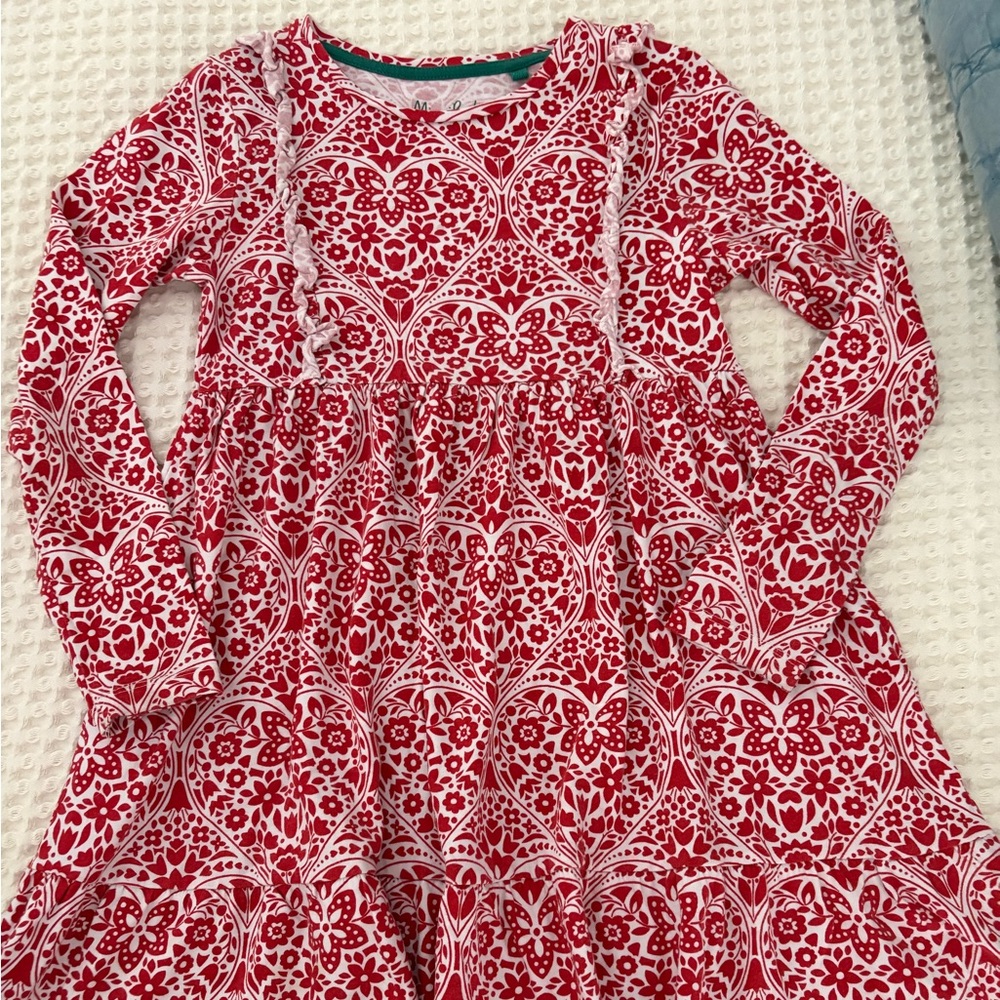 Mini Boden Red and White Heart Patterned Long-Sleeved Dress - Size 8/9